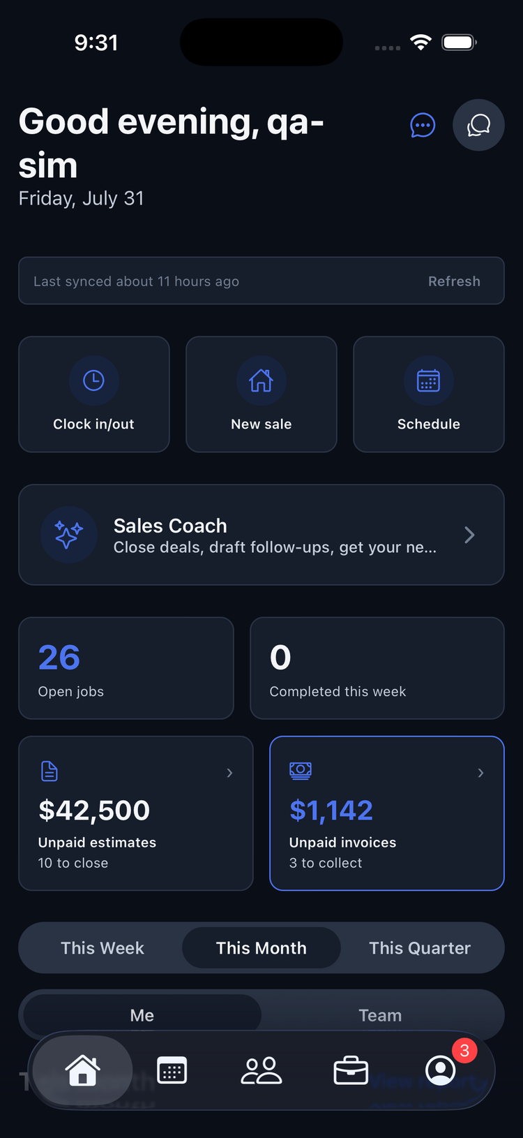 Home dashboard with day stats and quick actions