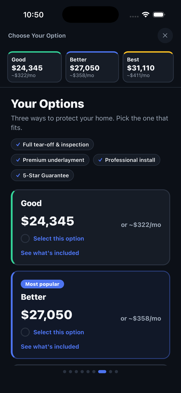 Good/Better/Best pricing options in the sales deck